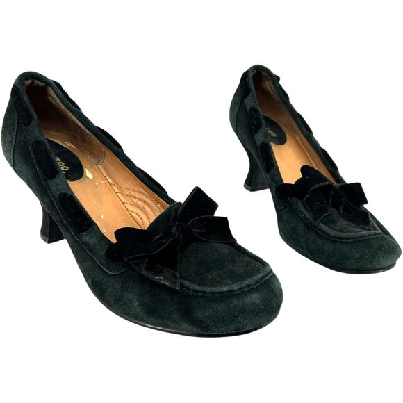 Vintage y2k Women's 7.5 M Me Too Black Leather Suede Bow Tie Moc Toe Heels Pumps - Picture 1 of 7